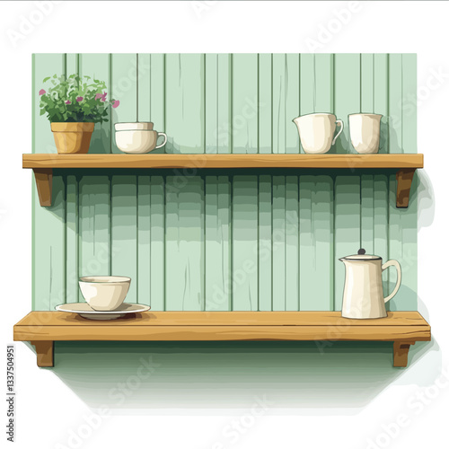 Elegant Green Wall Panelling with Wooden Shelf in Kitchen Interior Design