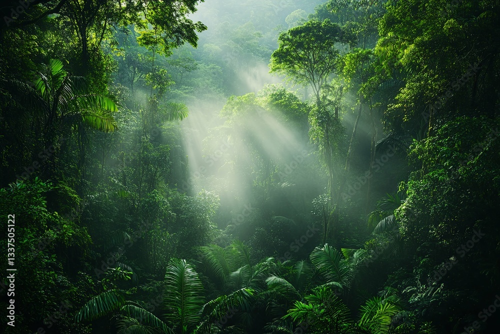 Fototapeta premium Sunlight Pierces Through Lush Green Jungle Foliage Creating Atmospheric Lighting