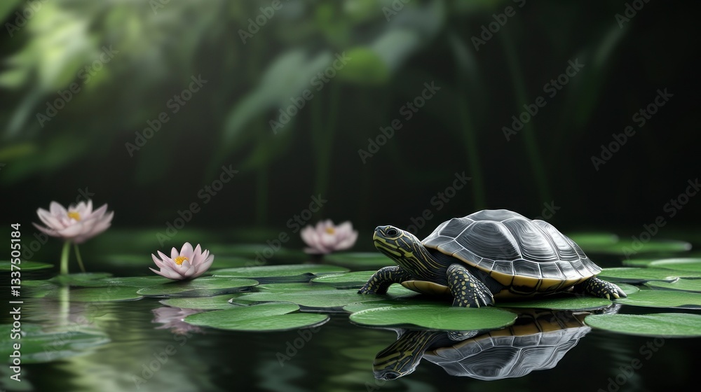 Obraz premium Turtle Resting on Lily Pad with Reflection in Pond Water