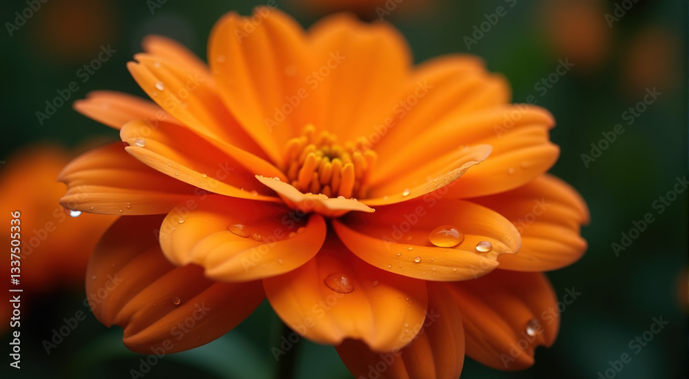 Close-up of a vibrant orange flower with dew drops on its petals. Perfect for nature, floral, or beauty themes. Close-up of a vibrant orange flower with dew drops on its petals. Perfect for nature, floral, or beauty themes.