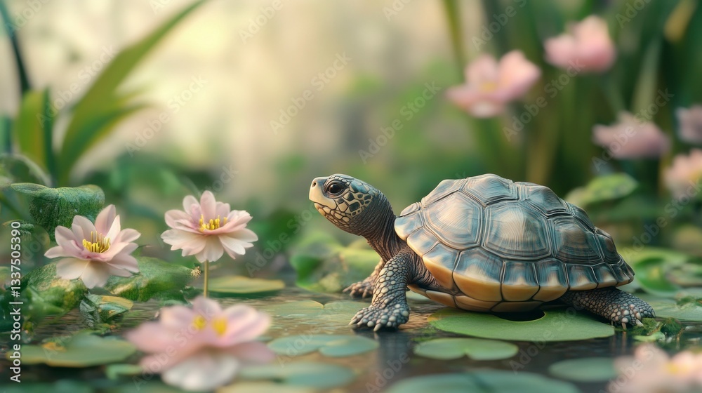 Obraz premium Turtle Sitting in Lily Pads Pond with Pink Flowers Soft Lighting