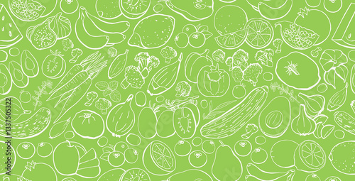 Vegan Food Vector Seamless Pattern with Vegetables and Fruits