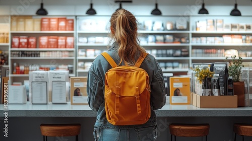 Young Woman with Yellow Backpack in a Store