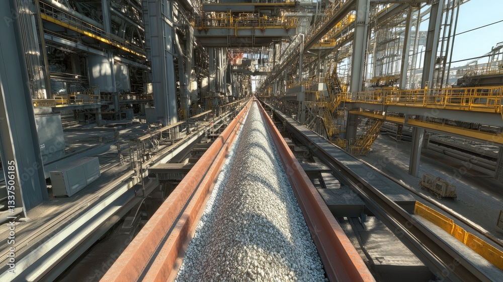 Conveyor system moving large amounts of raw zinc ore towards refining units Conveyor system moving large amounts of raw zinc ore towards refining units