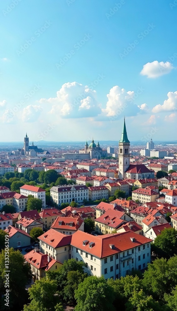 Fototapeta premium A panoramic cityscape of Belgrade, Serbia with a blend of historic and modern architecture under a blue sky, panorama, city view
