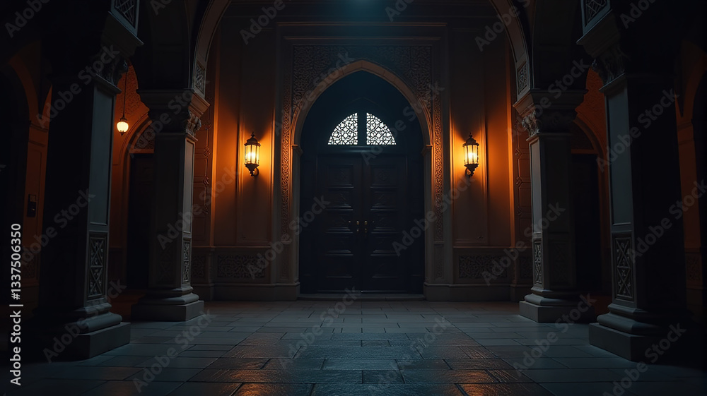 Fototapeta premium Mysterious grand entrance at night. Ornate architecture, dark interior with warm lamplight. Ideal for mystery, suspense, or luxury themes.