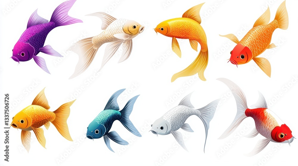 Naklejka premium A collection of colorful fish clipart in a flat design style, featuring tropical fish, goldfish, and koi in various playful poses.