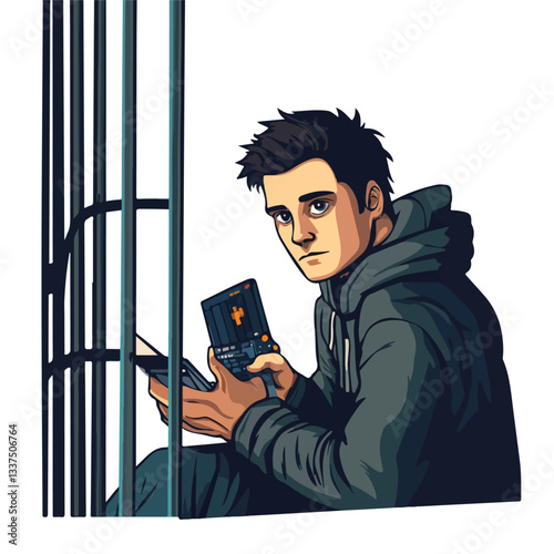 Focused Hacker in Prison Cell Vector Illustration