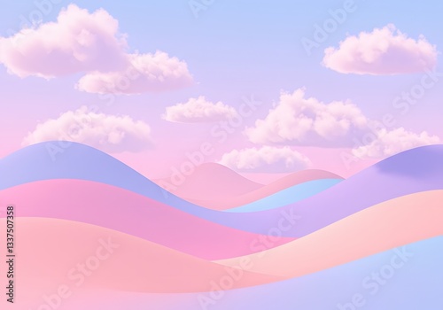 Pastel Dreamscape: A dreamy pastel landscape, featuring rolling hills in soft hues of pink, blue, and purple under a sky dotted with fluffy clouds, evokes a sense of serenity and fantasy. 