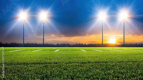 A football field at dusk with bright stadium lights shining down, casting shadows on the grass, creating an atmospheric game-time setting.