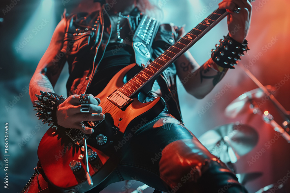 Obraz premium Electric rock guitarist, heavy metal musician playing a badass guitar solo at a concert