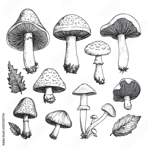 Hand Drawn Mushrooms and Leaves Illustration