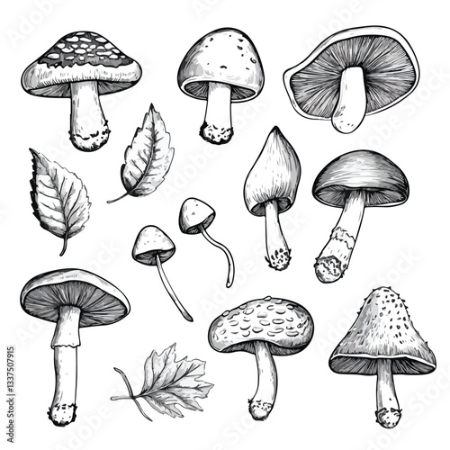 Hand Drawn Mushrooms and Leaves Illustration