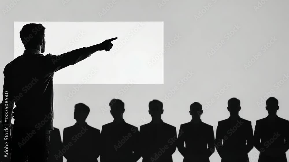 Silhouetted figures in suits approaching a bright gateway, one pointing away, symbolizing discrimination