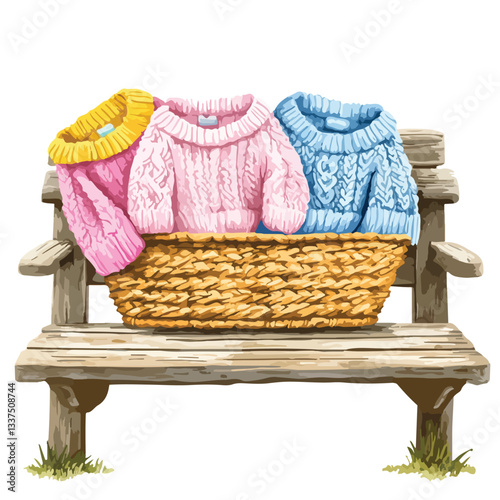 Elegant Hand-Knitted Pastel Sweaters Displayed in Vintage Wicker Basket