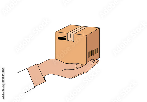 "Minimalist digital illustration of a hand holding a package with a tracking barcode, sleek design, soft gradients, conceptual representation of parcel delivery service. No text, no watermark.