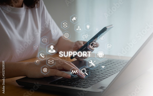 Information technology. Technical support customer service concept, IT expert assistance remote consulting on laptop with business communication icon. Online call center and global help 24 hrs 7 days.