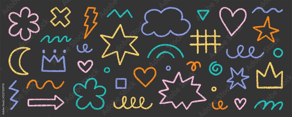 Abstract geometric shapes and forms, chalk pencil doodle set. Crayon modern figures, brush crown, stars, arrow in sketch style. Hand drawn vector illustration isolated on white background Abstract geometric shapes and forms, chalk pencil doodle set. Crayon modern figures, brush crown, stars, arrow in sketch style. Hand drawn vector illustration isolated on white background