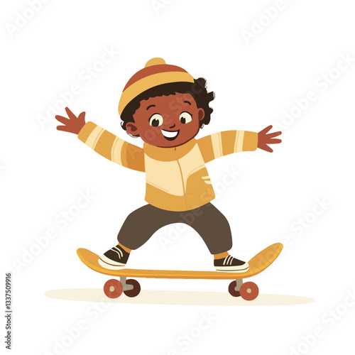 Smiling Young Boy Skateboarding Joyfully in Vector Illustration