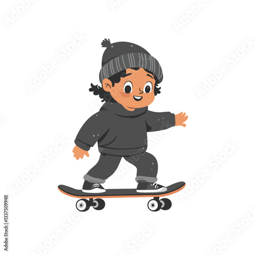 Smiling Young Boy Skateboarding Joyfully in Vector Illustration