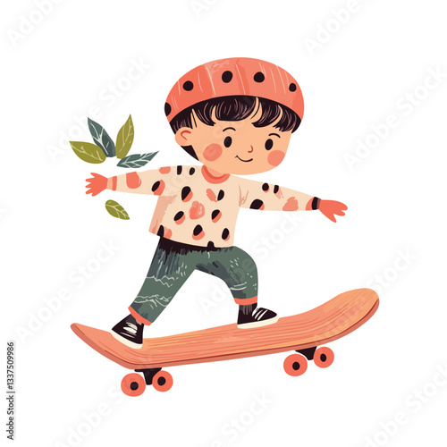 Smiling Young Boy Skateboarding Joyfully in Vector Illustration