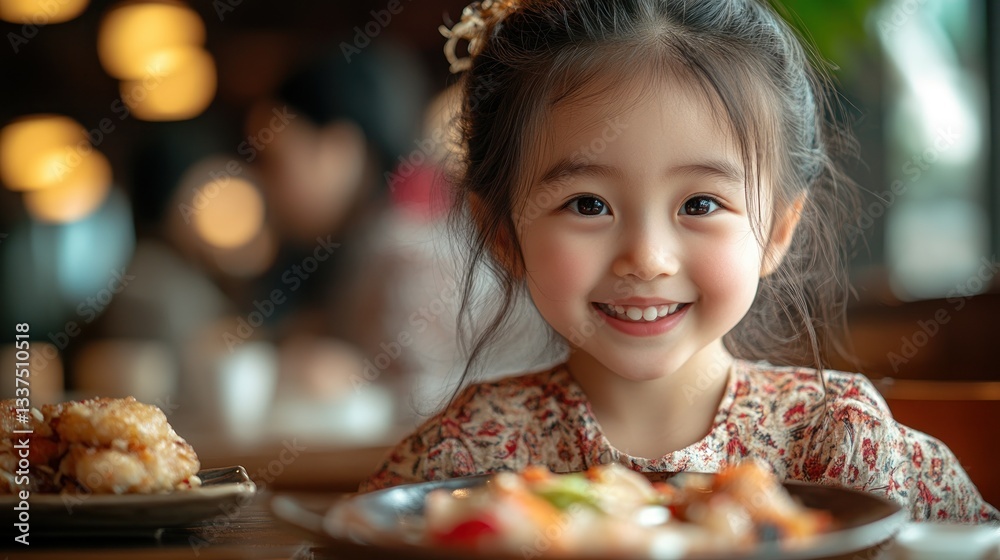 Fototapeta premium Adorable Little Girl Smiling at Restaurant