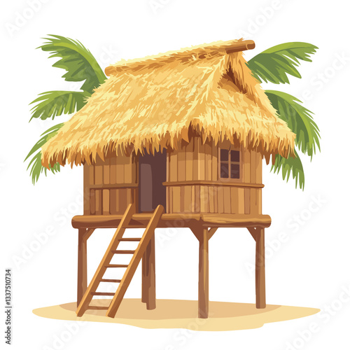 Tropical Beach House and Bar on Hawaii Island Vector Illustration