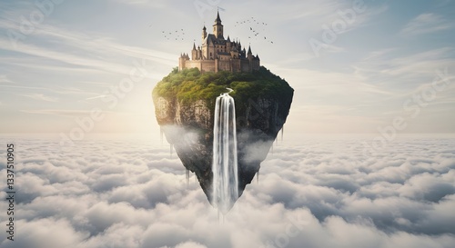 Floating Fortress: A majestic castle perched atop a floating island, complete with cascading waterfall, drifting amidst a sea of clouds, capturing a sense of wonder and fantasy.