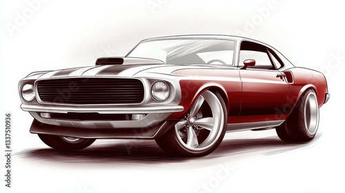 A vintage muscle car drawing in a classic hand-drawn style, showcasing bold lines, chrome details, and an aggressive front grille.