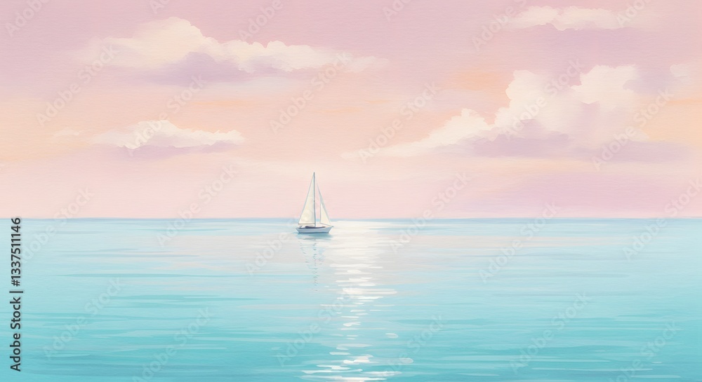 Fototapeta premium Sailboat on Calm Water with Pastel Sky at Sunset Artwork