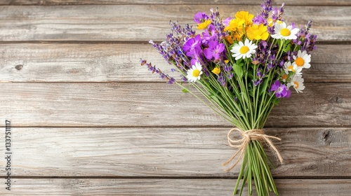 Wallpaper Mural A wildflower bouquet tied with twine, featuring an assortment of colors, including lavender, buttercups, and daisies, placed on a rustic wooden table. Torontodigital.ca