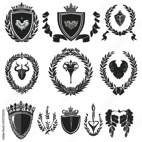 Elegant Black Laurel Wreaths Ribbons Heraldic Symbols EPS