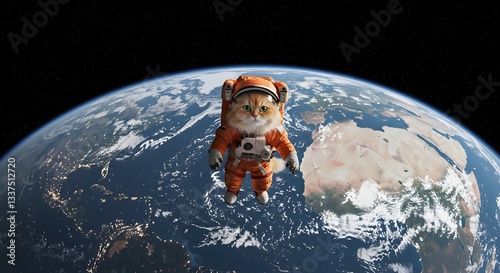 Cosmic Explorer: An imaginative depiction of a charming cat astronaut floating above a detailed representation of planet earth. The astronaut cat embodies the spirit of adventure, exploration.