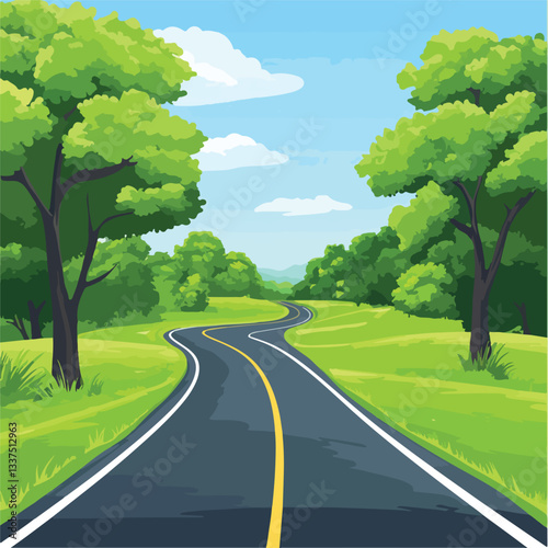 Serene Cartoon Landscape with Forest Highway Road Scene