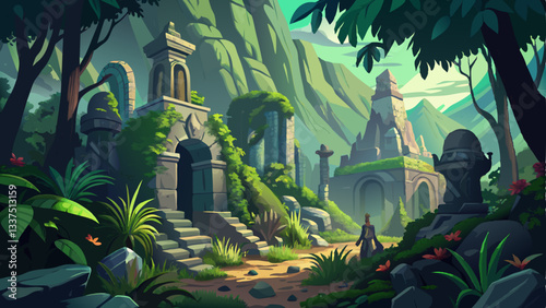 vector of forgotten monastery deep in the jungle, with towering stone statues covered in vines and an eerie silence in the air.