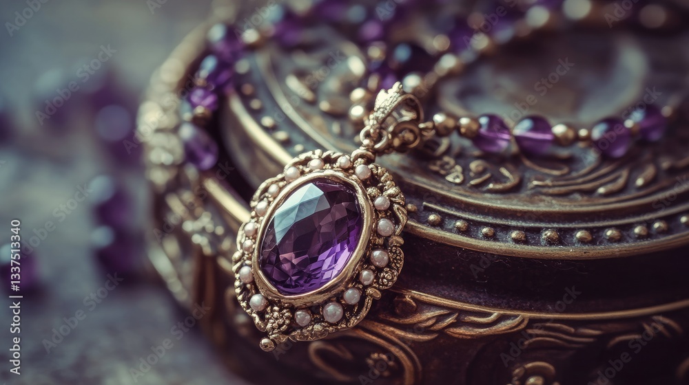 Obraz premium Vintage-style amethyst pendant necklace inside an antique-inspired jewelry box on a muted lavender background