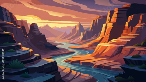 vector of rugged canyon illuminated by the soft glow of dawn, with layered rock formations and a winding river cutting through the valley.