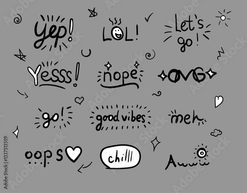 set doodle illustrations. word means the same as the English title. The illustrations have elements of doodles, stars, sparkles, hearts, decorations, frames, speech bubbles. yep oops.