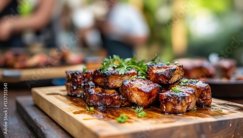 Deliciously grilled pork cubes on a wooden board photo