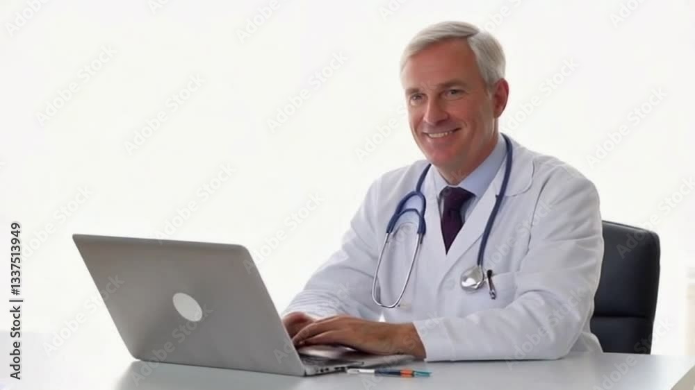 Senior doctor smiling and typing on laptop on white background Senior doctor smiling and typing on laptop on white background