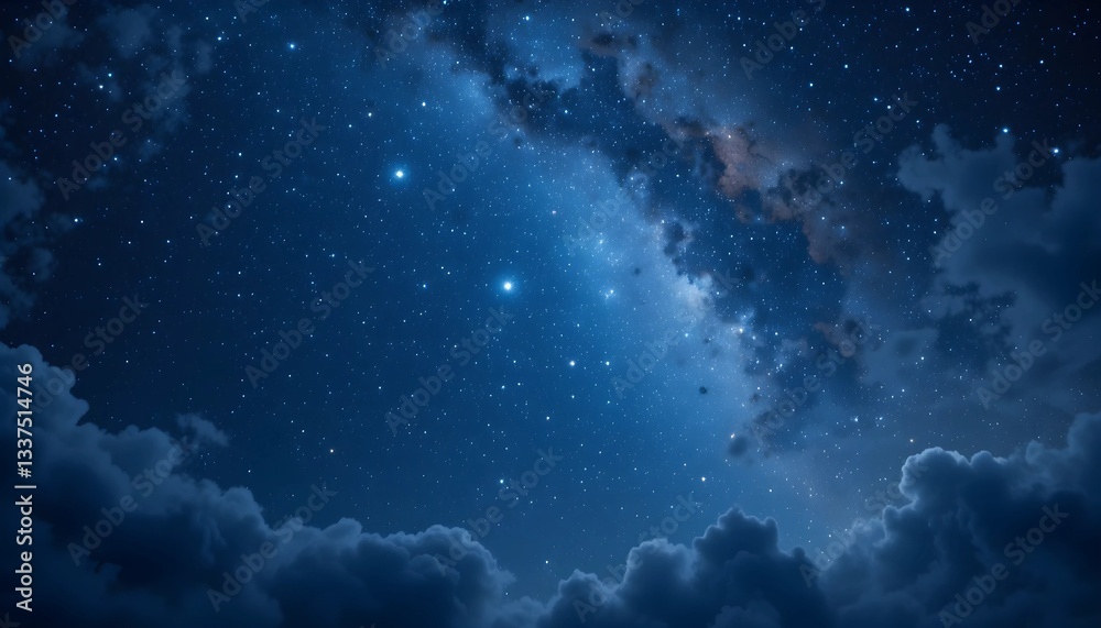 Fototapeta premium Beautiful starry night sky with clouds and a bright constellation.