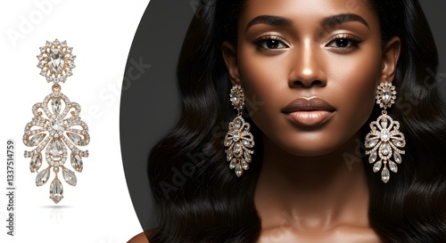 Sparkling Earrings: A stunning pair of ornate earrings adorn a beautiful woman, emphasizing the elegance and sophistication of the jewelry, perfect for fashion and glamour.
