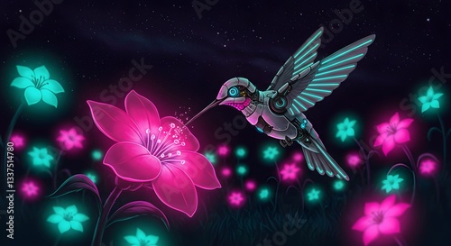Cybernetic Hummingbird and Flowers: A futuristic and artistic representation of a cybernetic hummingbird delicately feeding from radiant, glowing flowers under a starry night sky.