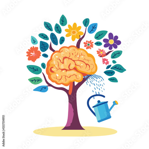Brain Growth Concept: Human Brain Emerging from Tree with Watering Can and Flower