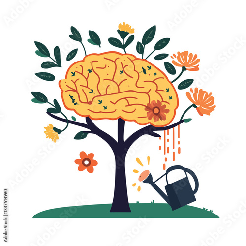 Brain Growth Concept: Human Brain Emerging from Tree with Watering Can and Flower