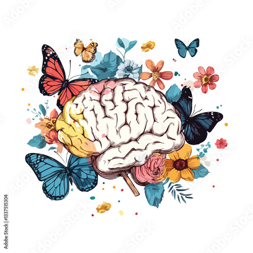 Elegant Human Brain with Floral Decorations and Butterflies on White Background