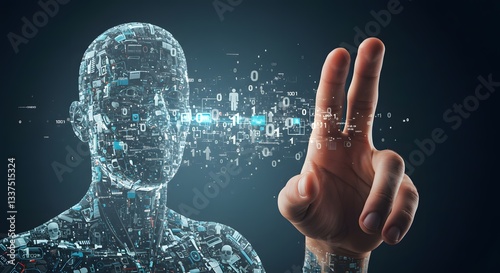 Digital Human Interaction: An illuminated digital humanoid figure interacts with a human hand, representing the future of technology, artificial intelligence, and virtual interfaces.