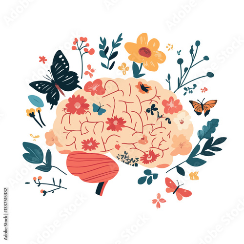 Elegant Human Brain with Floral Decorations and Butterflies on White Background