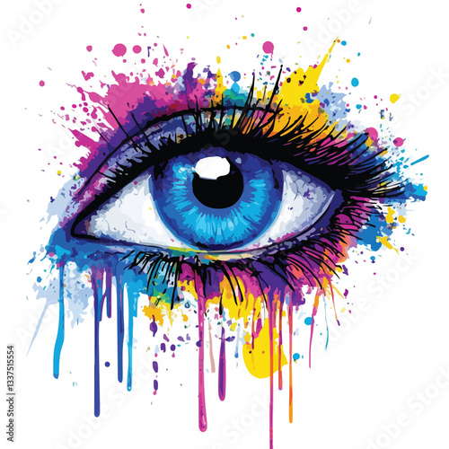 Close-Up Human Eye with Colorful Paint Splatter