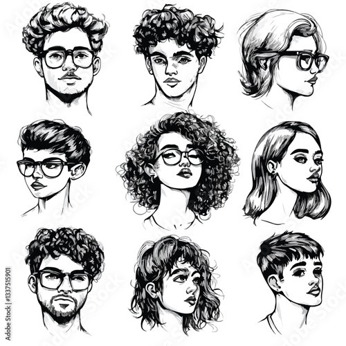 Professional Human Faces Portraits Black Ink Sketch Vector Illustration